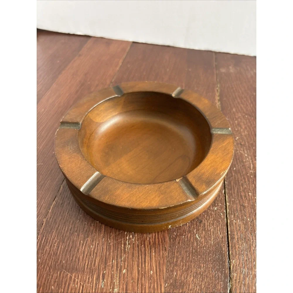 Vintage Mid Century Round Ashtray Wood 1.75‎ x 6.25